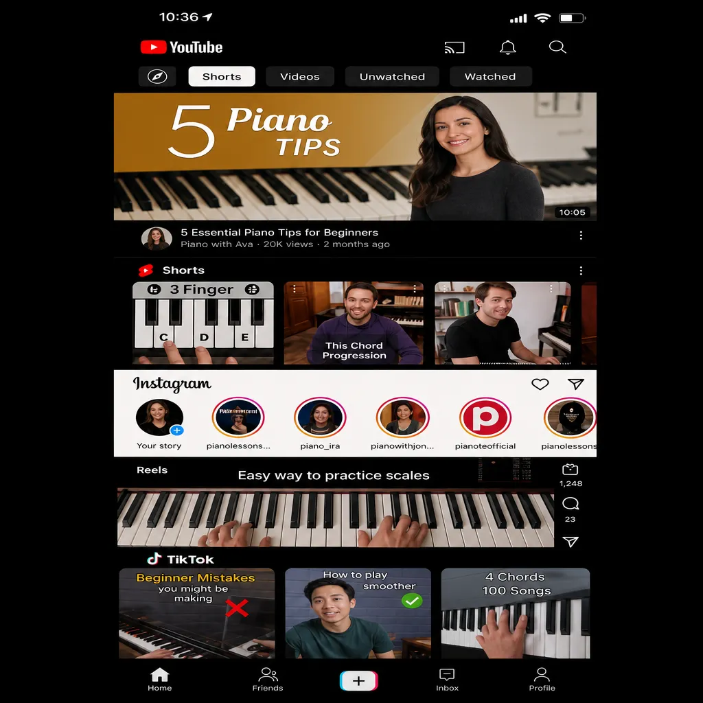 Feed de redes sociais com vários vídeos de aulas de piano