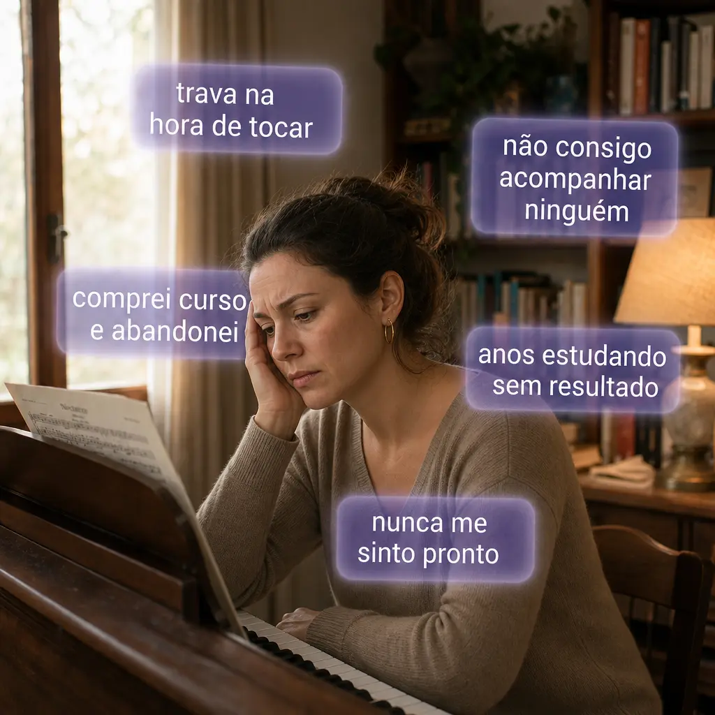 Pianista frustrada diante do piano cercada por pensamentos de bloqueio